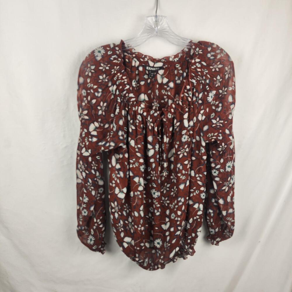 Express Blouse Womens Medium Brown Floral Balloon Sleeve Scoop Neck Tunic Top
